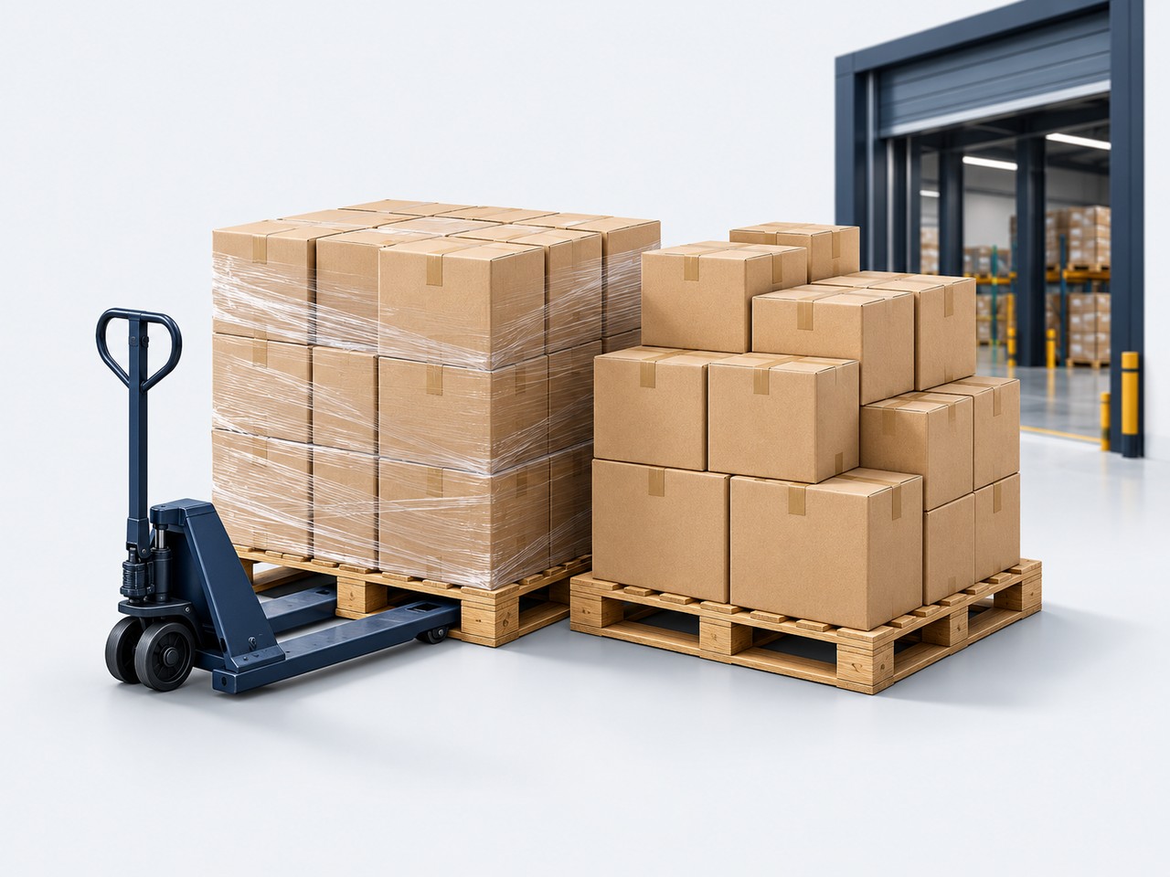 Wholesale pallets and a pallet jack beside a warehouse loading bay